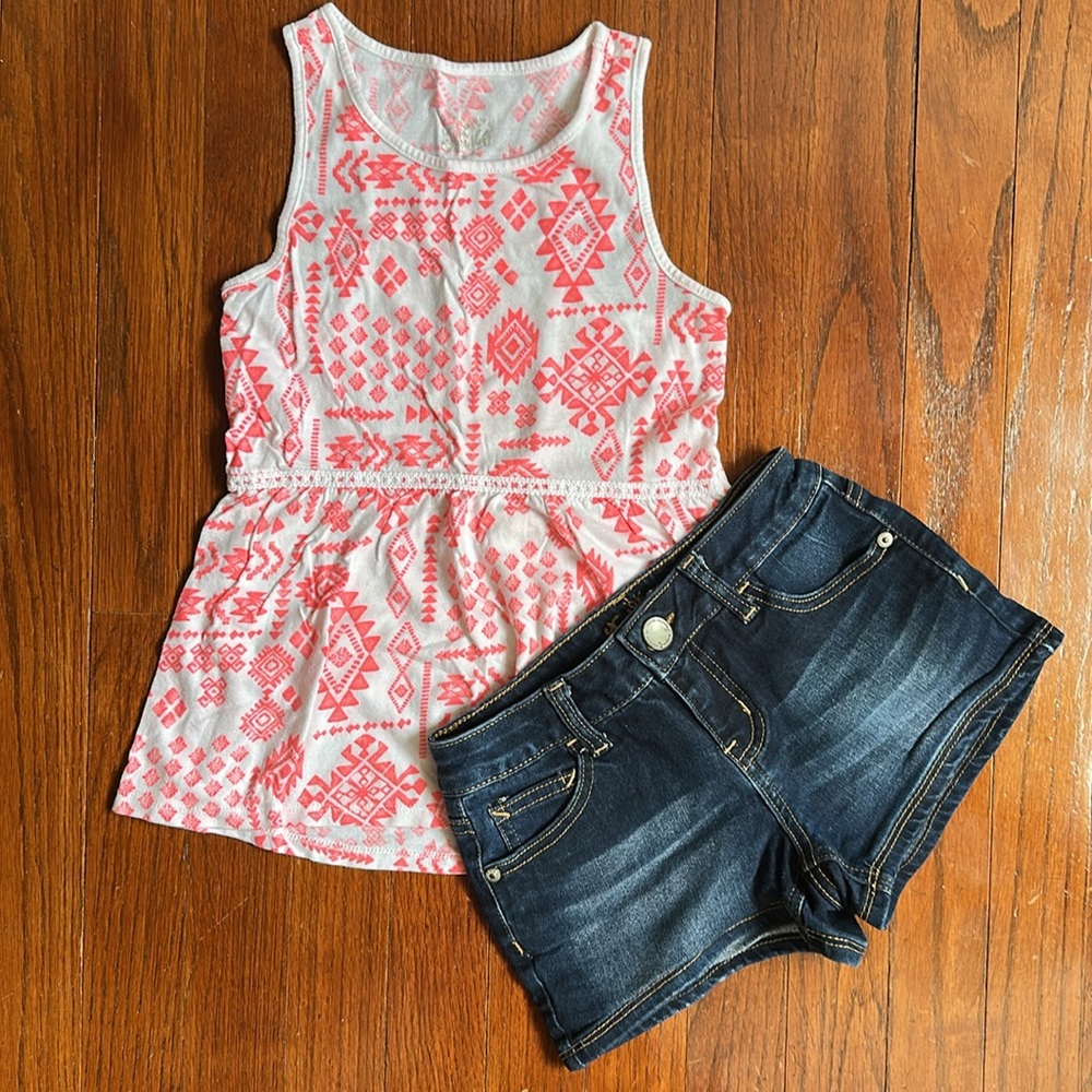 2 Piece Bundle Girls Justice Pink and White Tank Top Denim Shorts Size 8